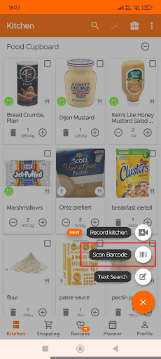 Kitchen page with Scan Barcode option